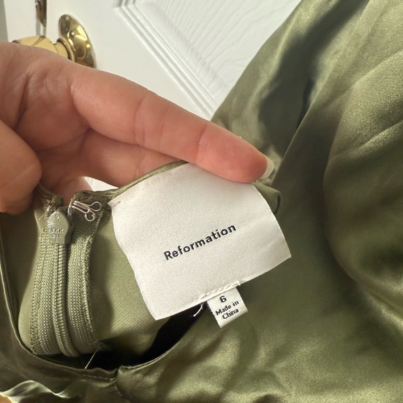 Reformation Casette Silk Dress in Artichoke 6 - Picture 10 of 13